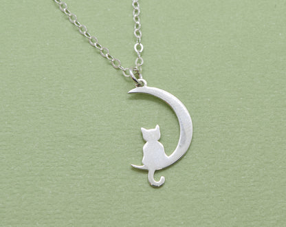 Sterling Silver Cat and Moon Charm Necklace - Cloverleaf Jewelry