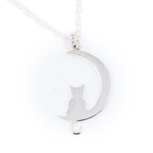 Sterling Silver Cat and Moon Charm Necklace, Kitty Pendant, Cat Lover Gift