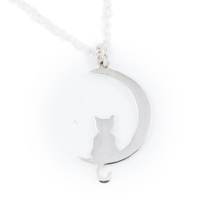 Sterling Silver Cat and Moon Charm Necklace - Cloverleaf Jewelry