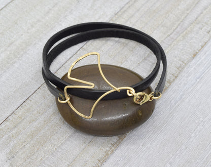 Ginkgo Leaf Leather Wrap Bracelet, Gold - Cloverleaf Jewelry