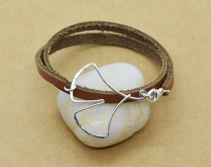 Ginkgo Leaf Leather Wrap Bracelet, Sterling Silver - Cloverleaf Jewelry