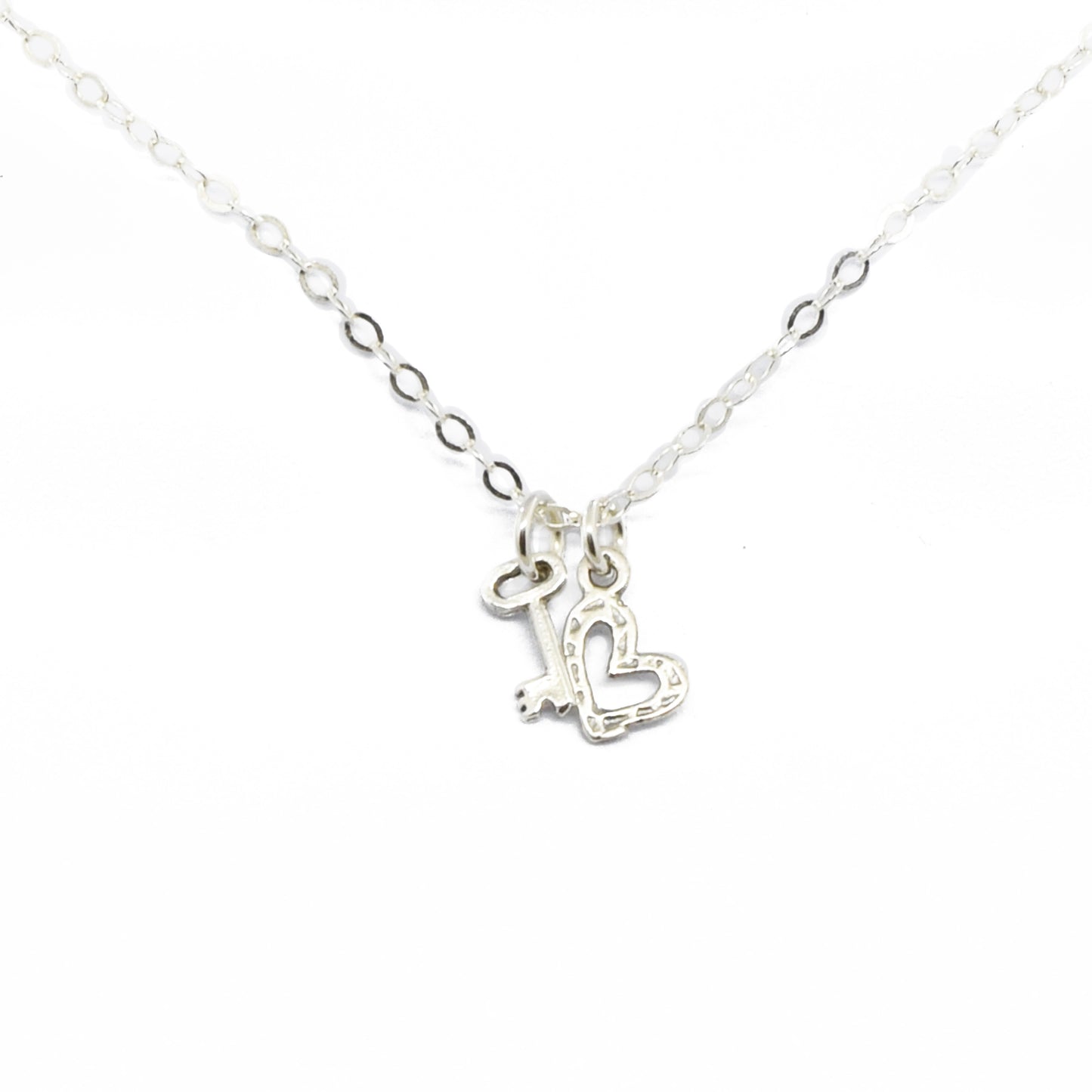 Silver Tiny Heart and Key Charm Necklace