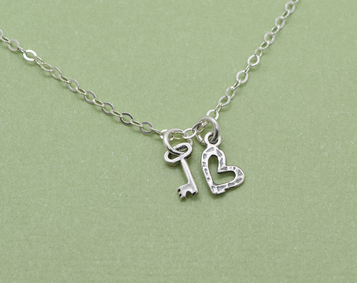 Silver Tiny Heart and Key Charm Necklace