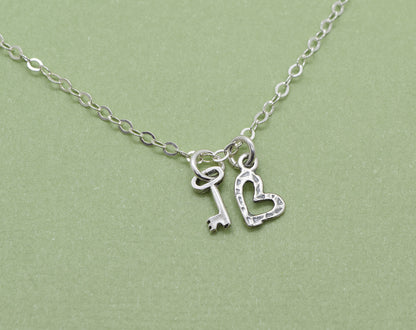Silver Tiny Heart and Key Charm Necklace - Cloverleaf Jewelry