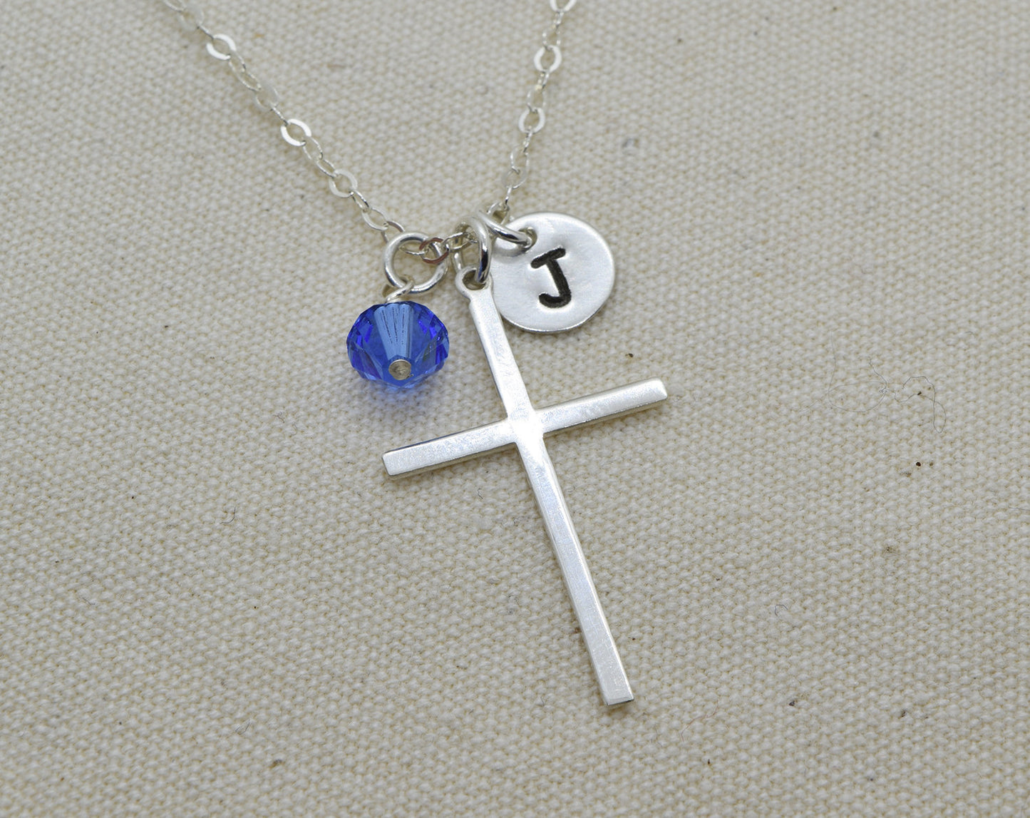 Large Sterling Silver Cross Charm Necklace, Cross Pendant, Baptism Christening Gift, First Communion, With Birthstone and Initial