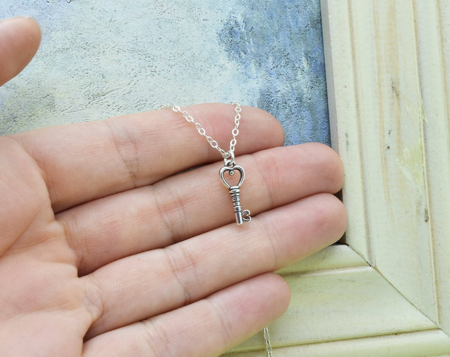 Silver Heart Key Charm Necklace