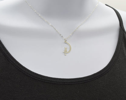 Sterling Silver Cat and Moon Charm Necklace - Cloverleaf Jewelry