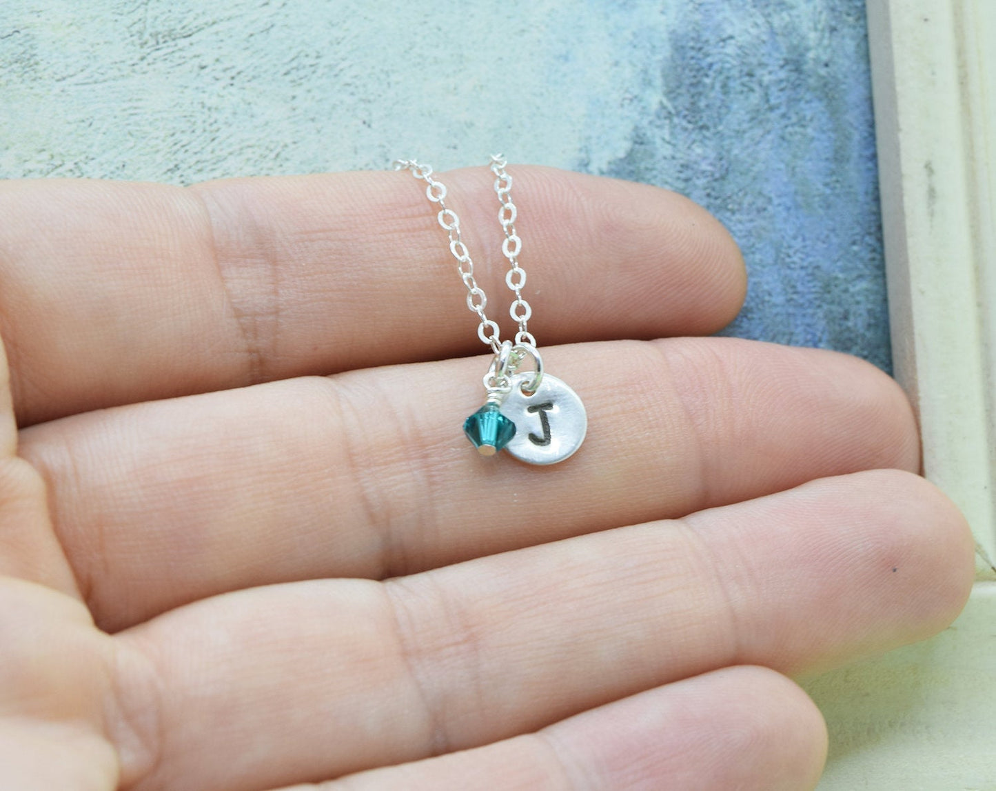 Sterling Silver Initial Necklace with Birthstone Crystal