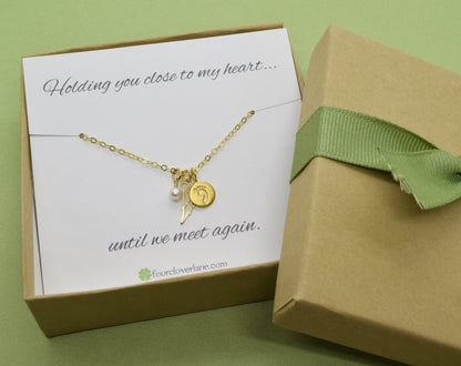 Gold Baby Foot Charm Necklace with Angel Wing Pendant and Pearl - Cloverleaf Jewelry