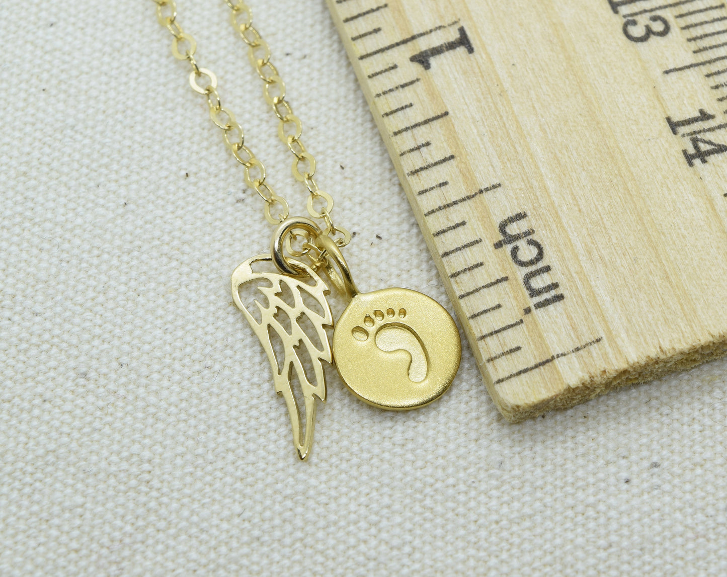 Gold Baby Foot Charm Necklace with Angel Wing Pendant and Pearl