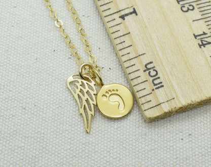 Gold Baby Foot Charm Necklace with Angel Wing Pendant and Pearl - Cloverleaf Jewelry
