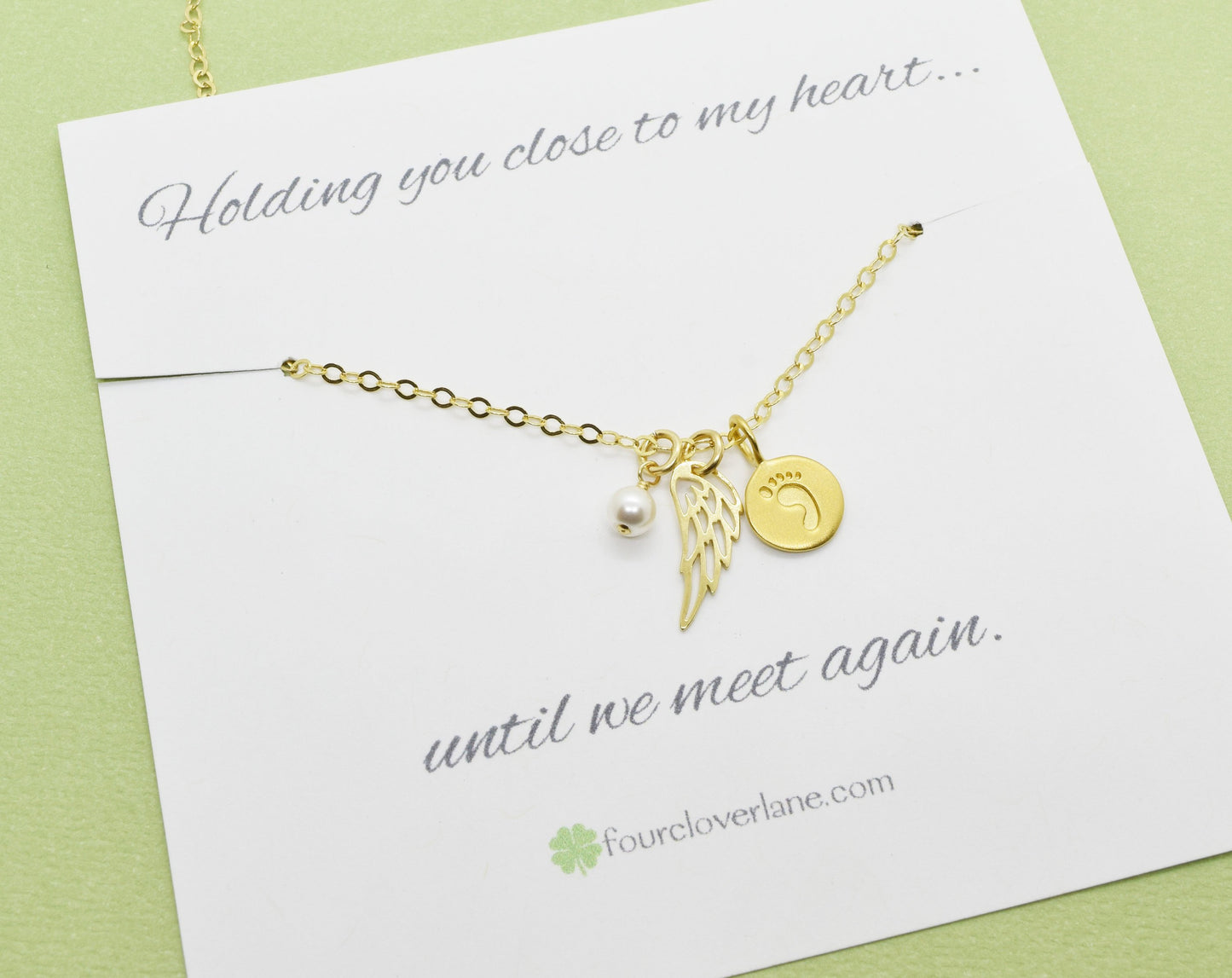 Gold Baby Foot Charm Necklace with Angel Wing Pendant and Pearl