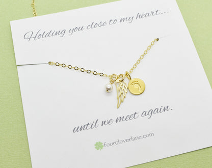 Gold Baby Foot Charm Necklace with Angel Wing Pendant and Pearl - Cloverleaf Jewelry