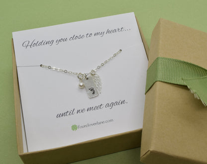 Sterling Silver Baby Foot Charm Necklace with Angel Wing - Cloverleaf Jewelry