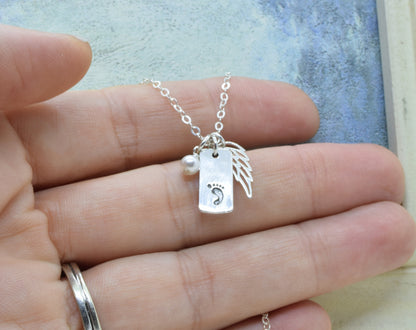 Sterling Silver Baby Foot Charm Necklace with Angel Wing - Cloverleaf Jewelry