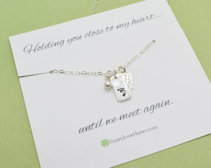 Sterling Silver Baby Foot Charm Necklace with Angel Wing - Cloverleaf Jewelry