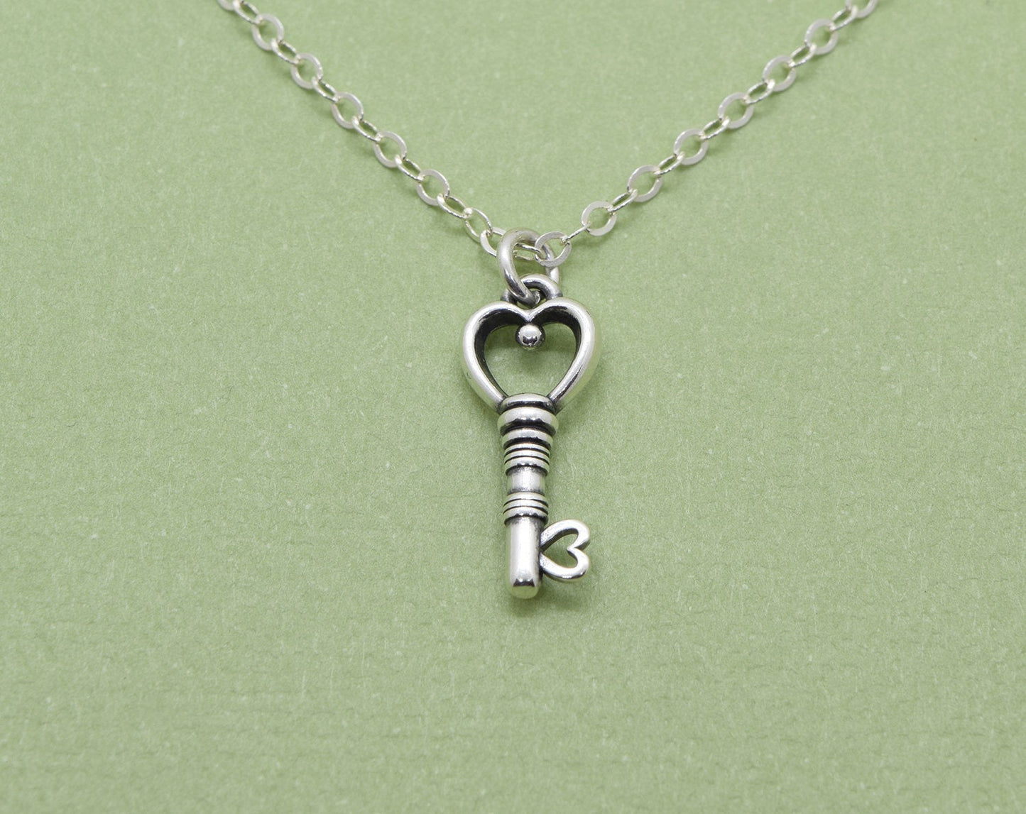 Silver Heart Key Charm Necklace