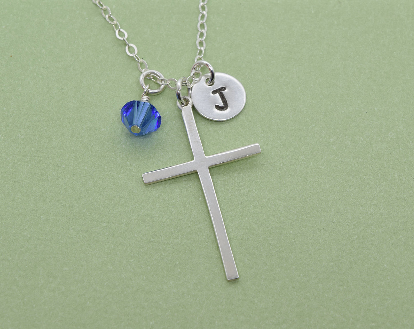 Large Sterling Silver Cross Charm Necklace, Cross Pendant, Baptism Christening Gift, First Communion, With Birthstone and Initial