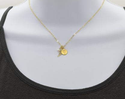 Gold Baby Foot Charm Necklace with Angel Wing Pendant and Pearl - Cloverleaf Jewelry