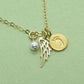 Gold Baby Foot Charm Necklace with Angel Wing Pendant and Pearl