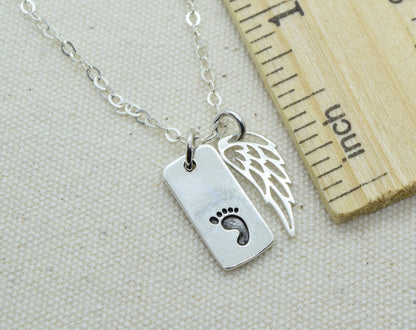 Sterling Silver Baby Foot Charm Necklace with Angel Wing - Cloverleaf Jewelry
