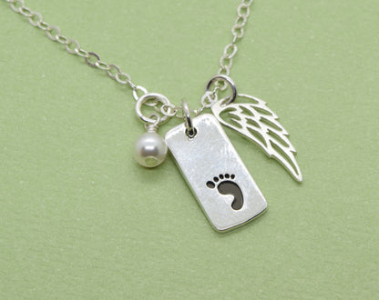 Sterling Silver Baby Foot Charm Necklace with Angel Wing - Cloverleaf Jewelry
