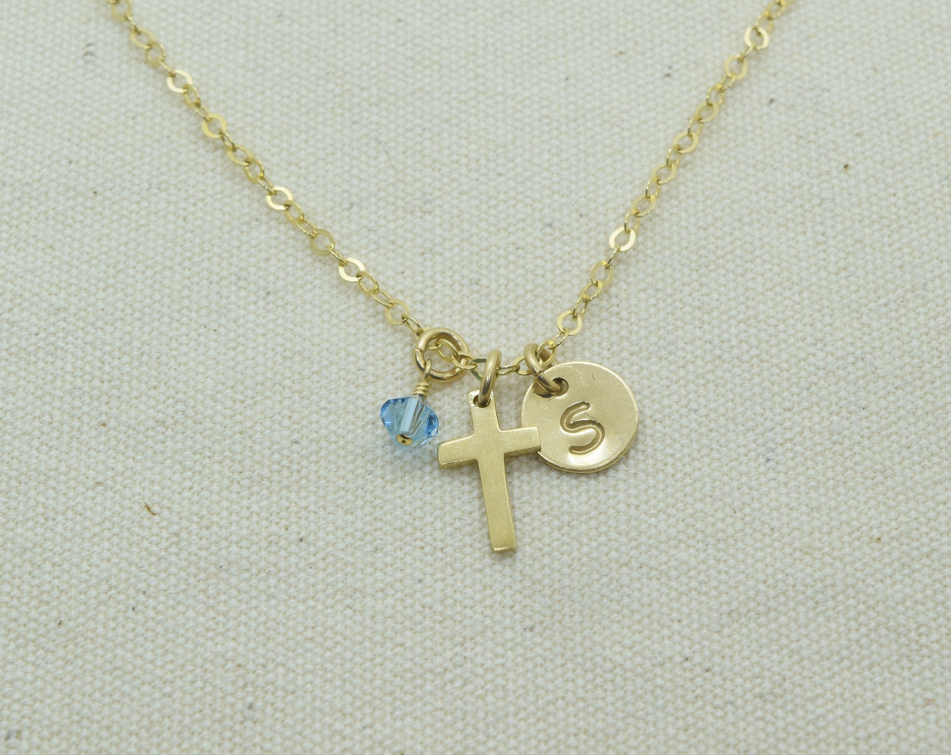 Tiny Gold Cross Charm Necklace, Small Cross Pendant, Baptism Christening Gift, First Communion, With Birthstone and Initial