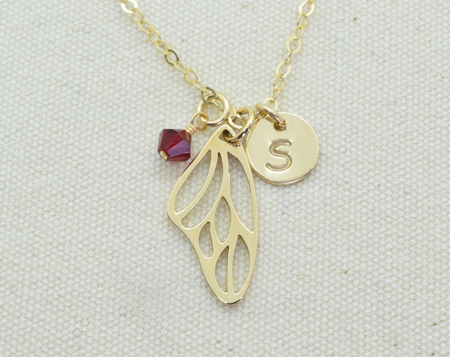 Gold Butterfly Wing Charm Necklace, Butterfly Wing Pendant, Nature Lover Gift, Botanical Jewelry, Optional Initial and Birthstone