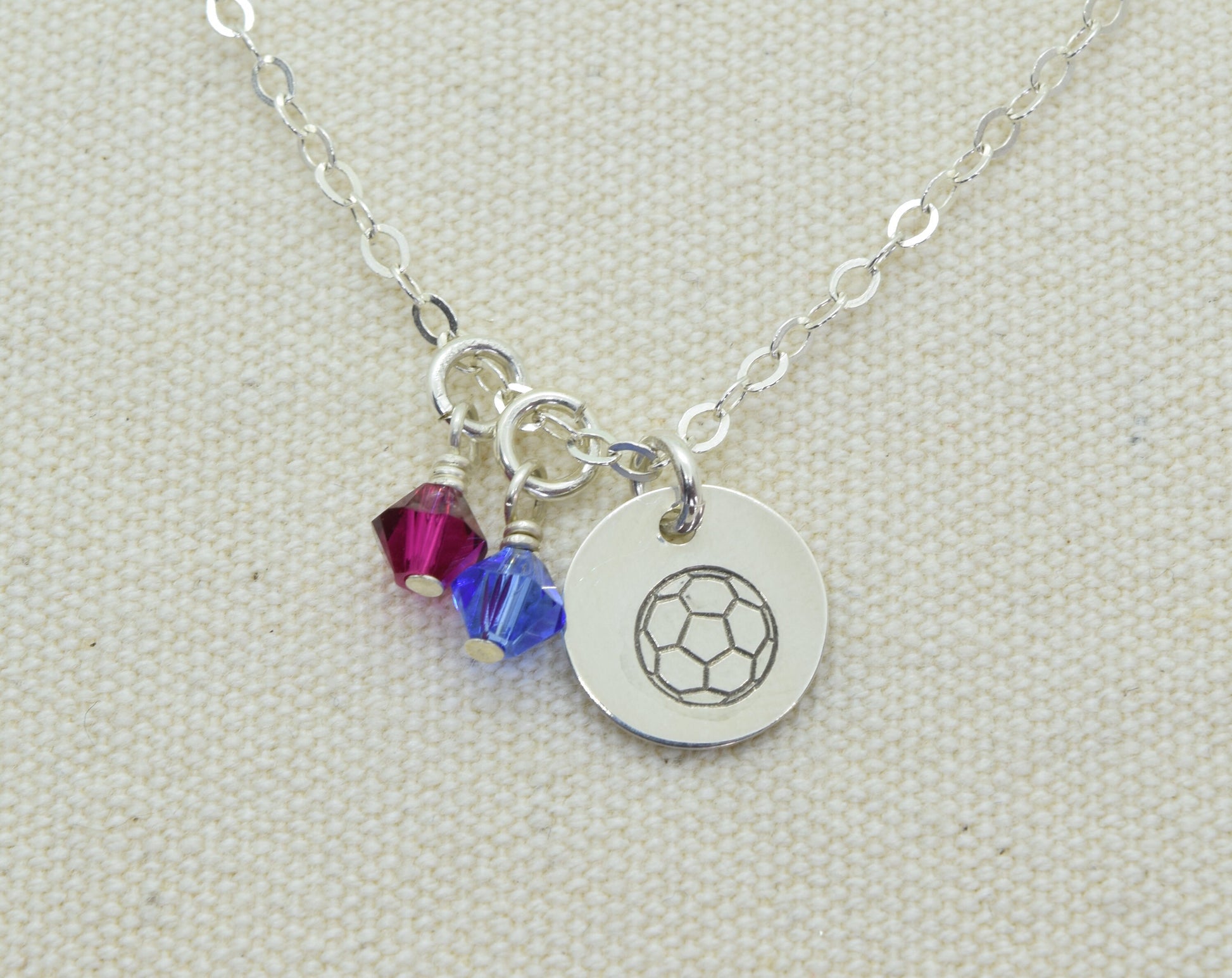 Sterling Silver Soccer Ball Charm Necklace, Soccerball Pendant, Sports Team Gift, Sports Mom Gift, Add Birthstone or Team Colors