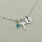 Tiny Silver Cross Charm Necklace with Initial and Birthstone