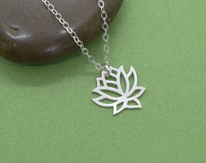 Sterling Silver Lotus Flower Charm Necklace, Yoga Pendant, Lotus Flower Pendant, Best Friend Gift, Gift for Mom or Aunt - Cloverleaf Jewelry