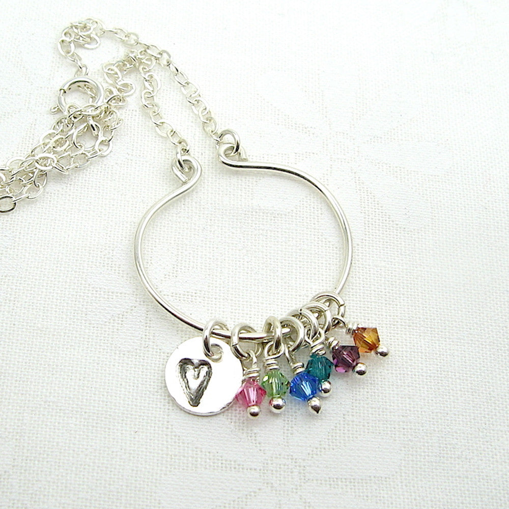 Lyre Birthstone Necklace with Heart Charm, Large - Cloverleaf Jewelry