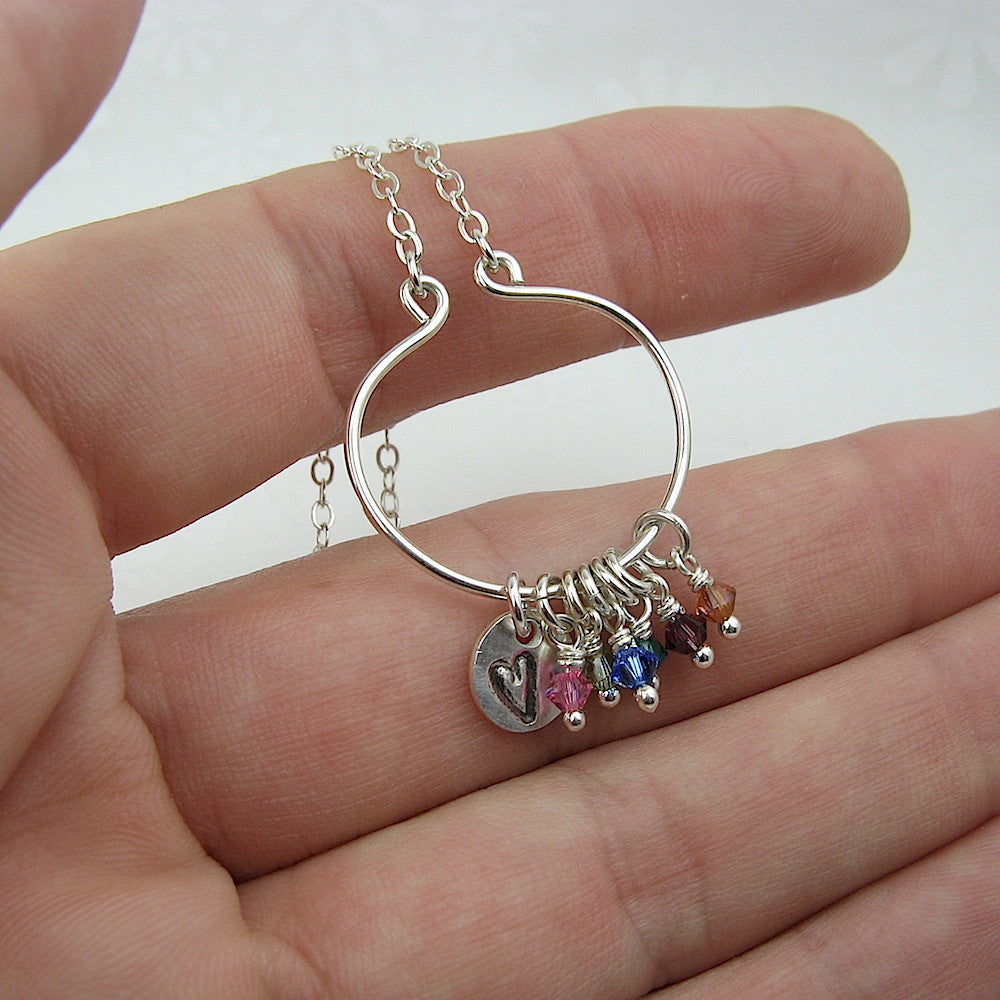 Lyre Birthstone Necklace with Heart Charm, Large - Cloverleaf Jewelry