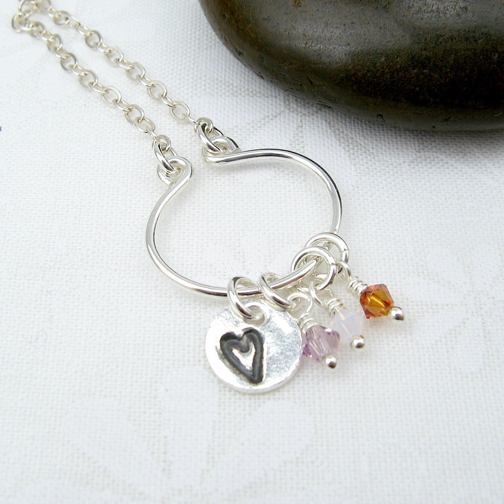 Lyre Birthstone Necklace with Heart Charm, Small - Cloverleaf Jewelry