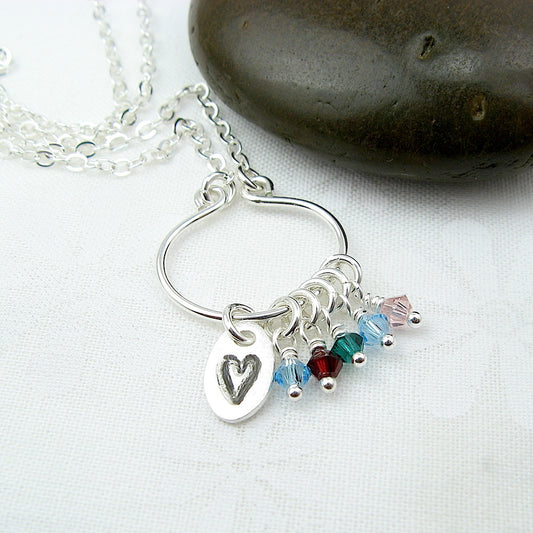 Lyre Birthstone Necklace with Heart Charm, Small - Cloverleaf Jewelry