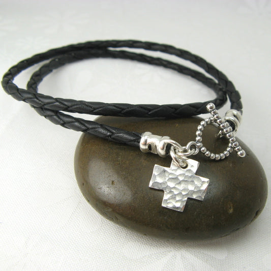 Swiss Cross Charm Leather Wrap Bracelet
