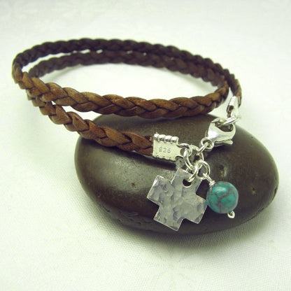 Swiss Cross Charm Leather Wrap Bracelet - Cloverleaf Jewelry