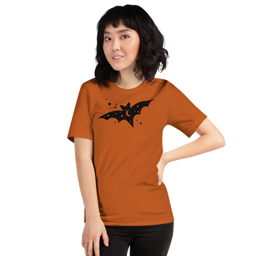 Short-Sleeve Unisex T-Shirt with Moon and Stars Black Bat for Halloween