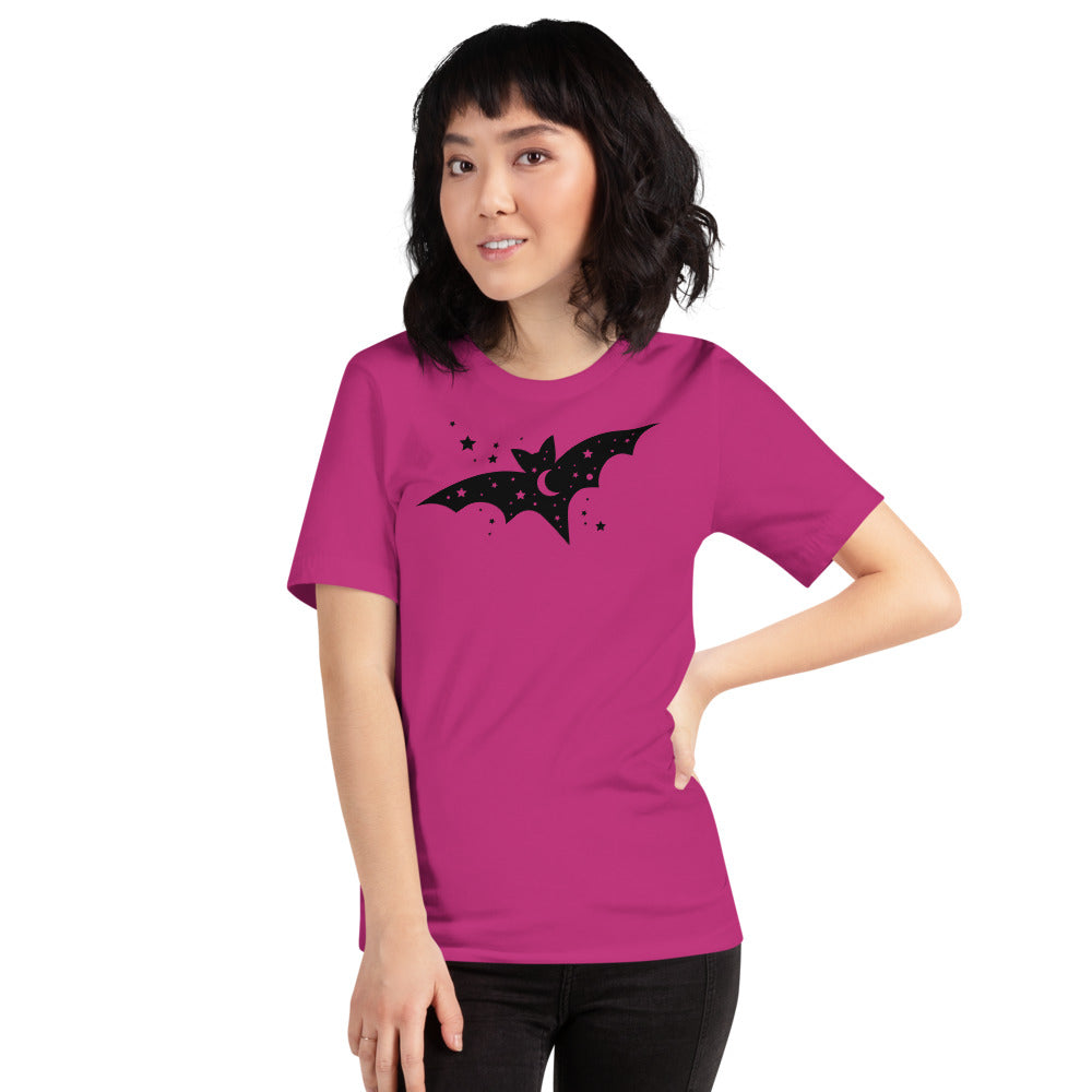 Short-Sleeve Unisex T-Shirt with Moon and Stars Black Bat for Halloween