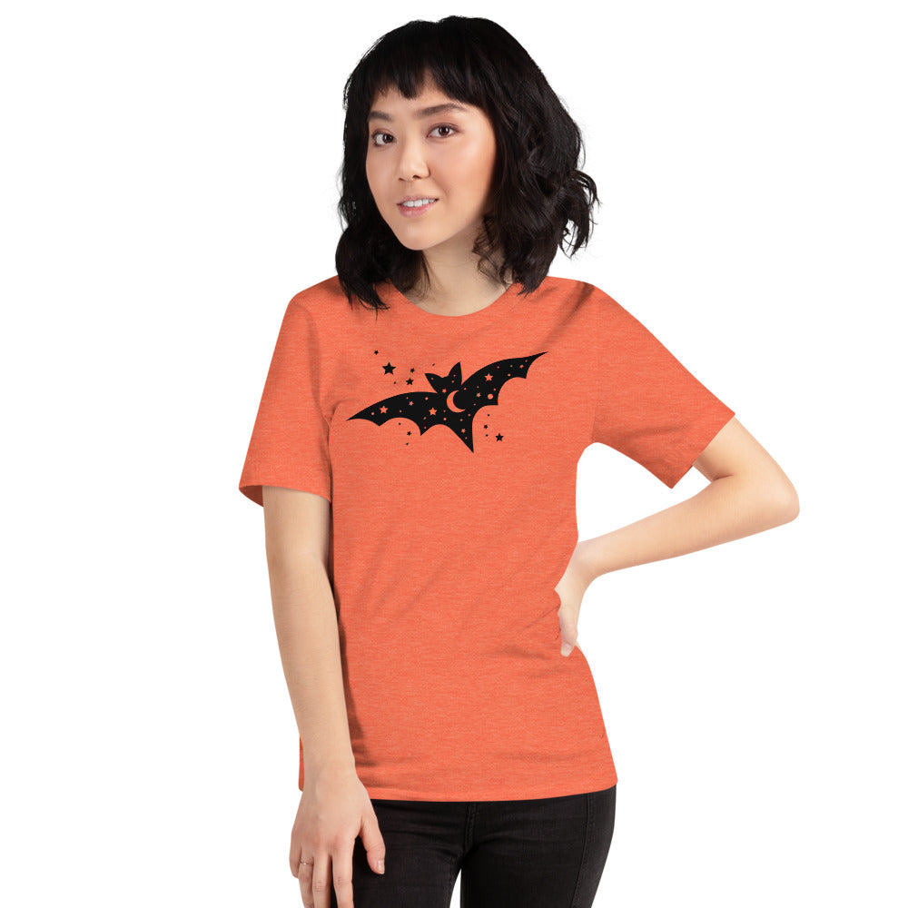 Short-Sleeve Unisex T-Shirt with Moon and Stars Black Bat for Halloween