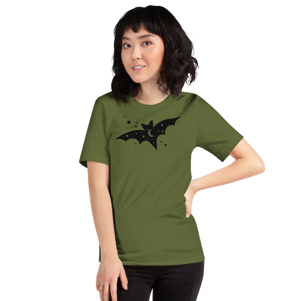 Short-Sleeve Unisex T-Shirt with Moon and Stars Black Bat for Halloween