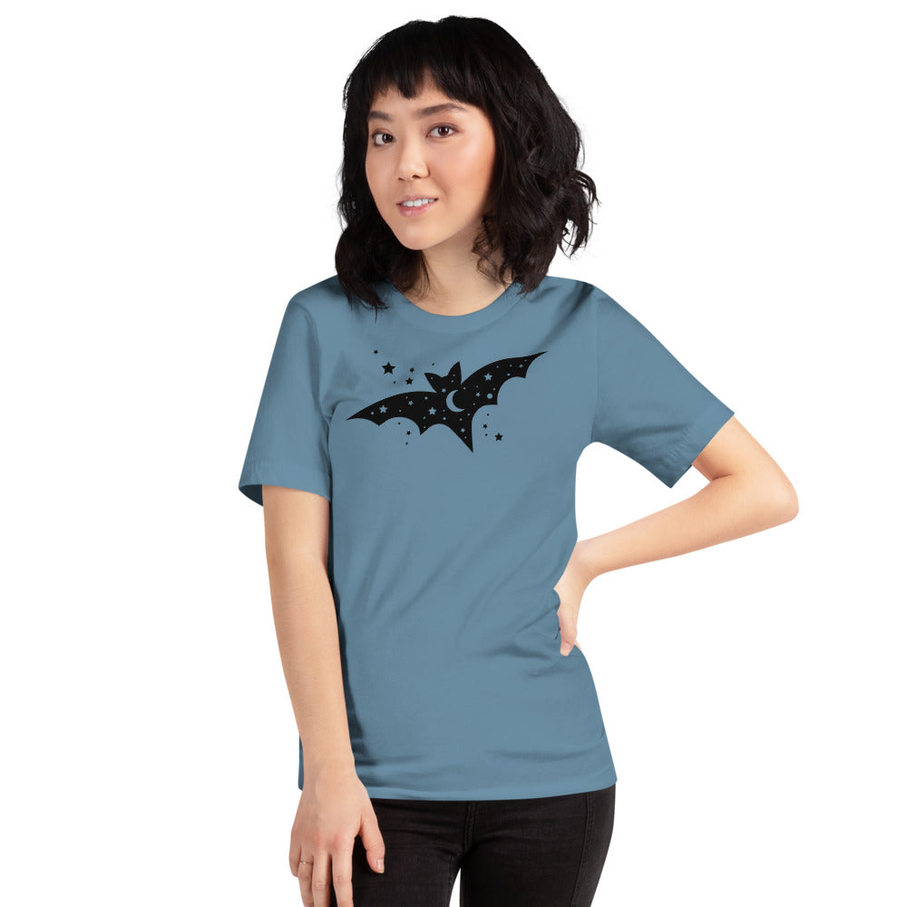 Short-Sleeve Unisex T-Shirt with Moon and Stars Black Bat for Halloween